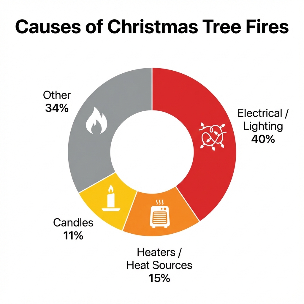Chart showing causes of Christmas tree fires: 40% Electrical, 15% Heaters, 11% Candles
