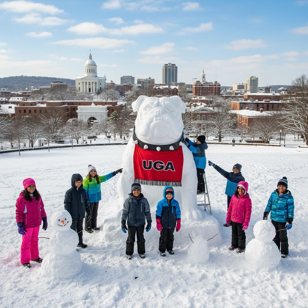 A snowy day in Athens, Georgia with the city skyline in the background, featuring local children building a giant Uga the bulldog mascot out of snow.