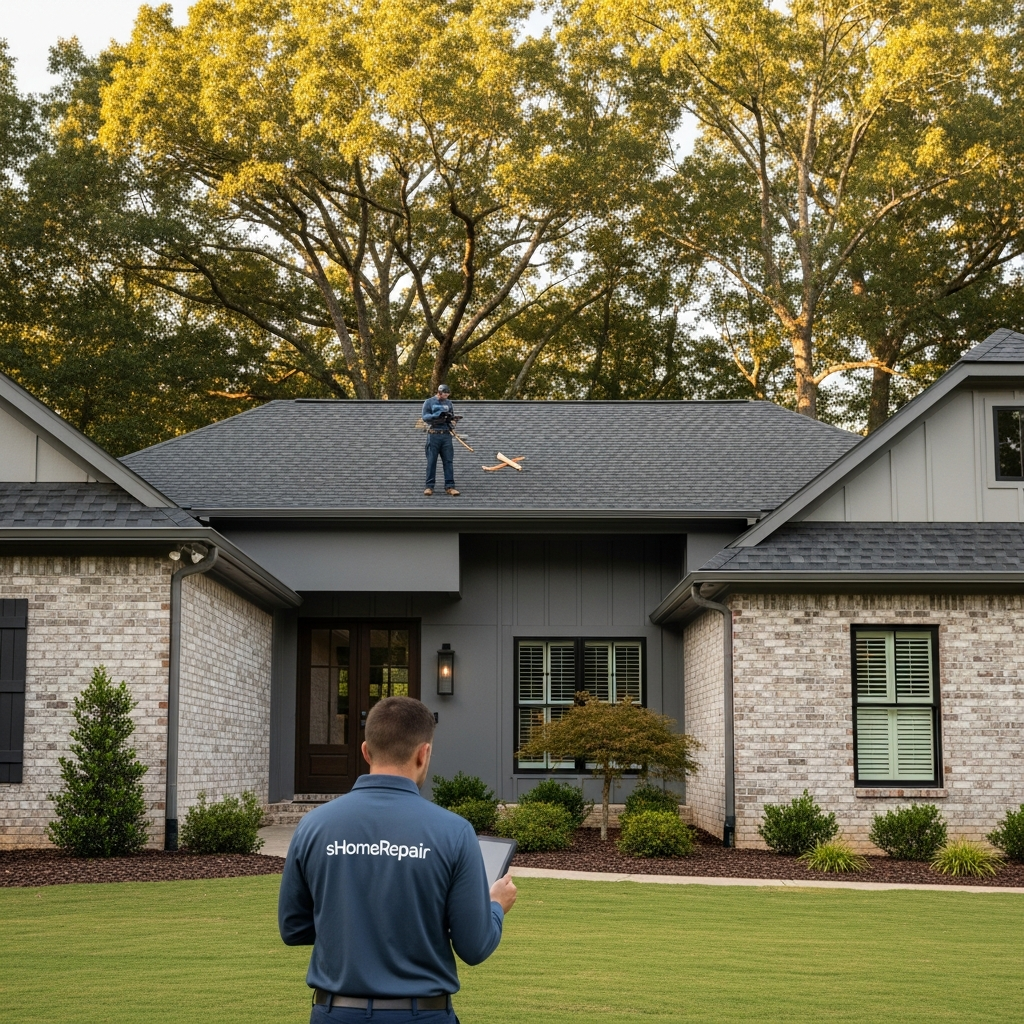 Smart Home Repair technician inspecting an Athens, GA roof for storm damage.