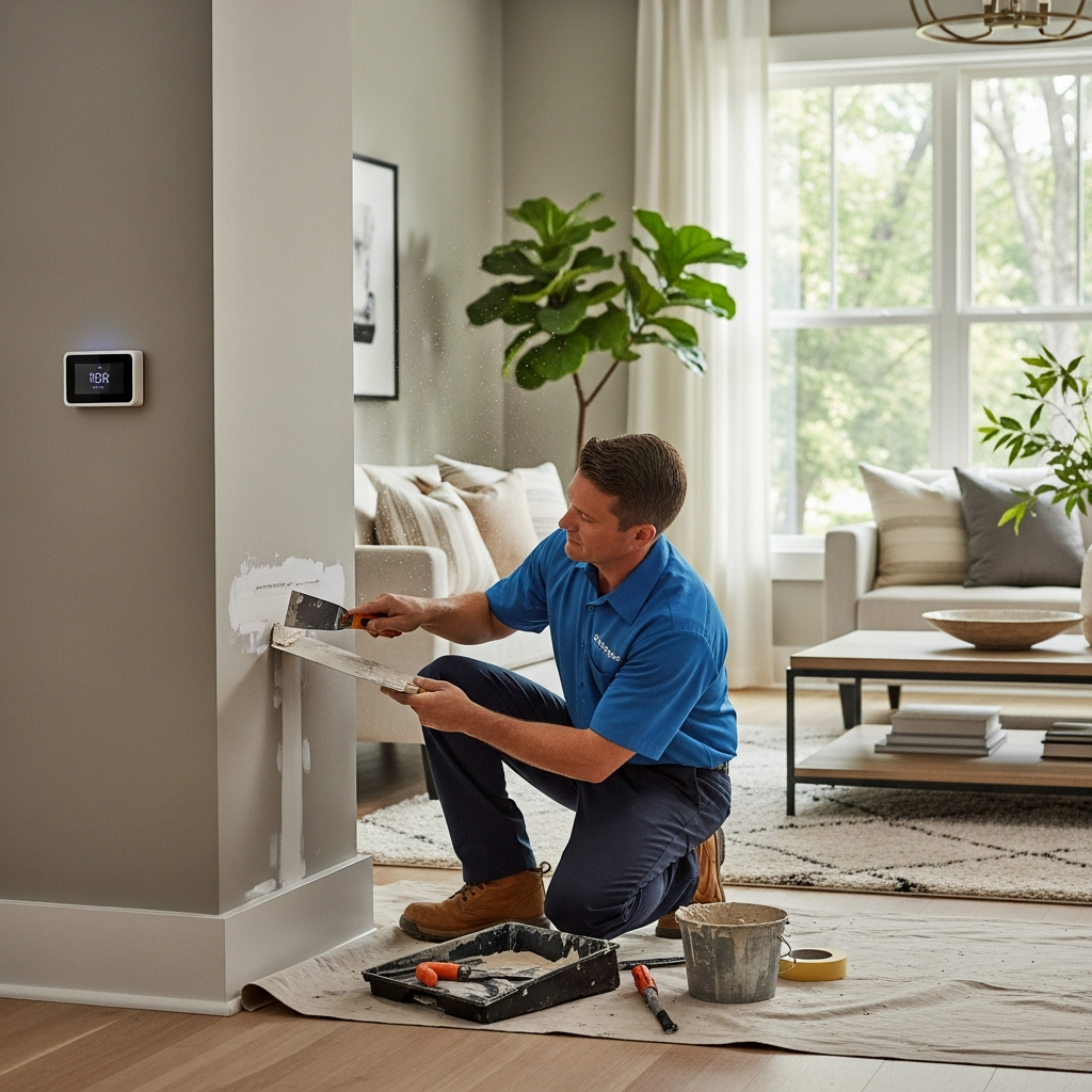 Smart Home Repair technician repairing drywall in a modern Athens, GA home.