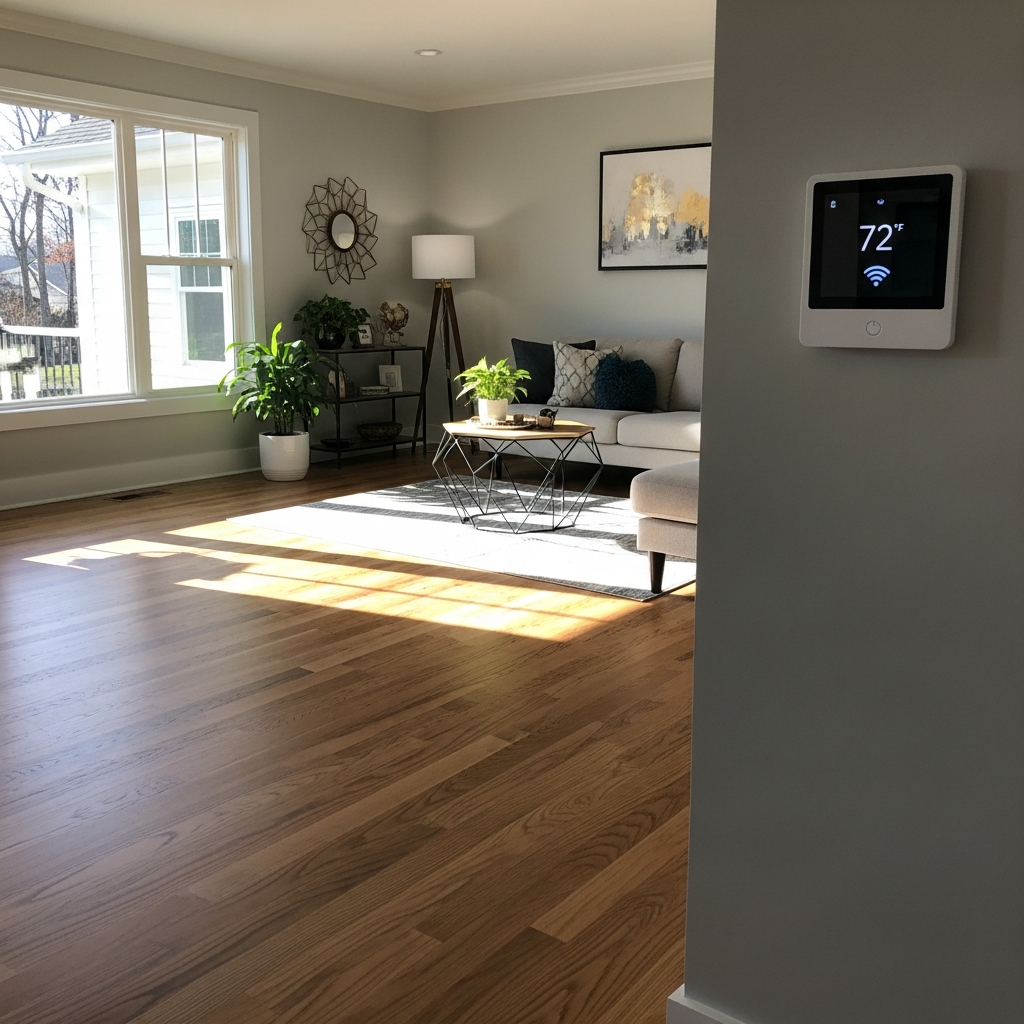 Newly installed hardwood flooring in a modern Athens, GA living room with smart home features