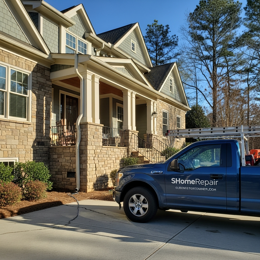 Foundation cracks visible on a craftsman home in Athens, GA, a Smart Home Repair truck parked in the driveway.