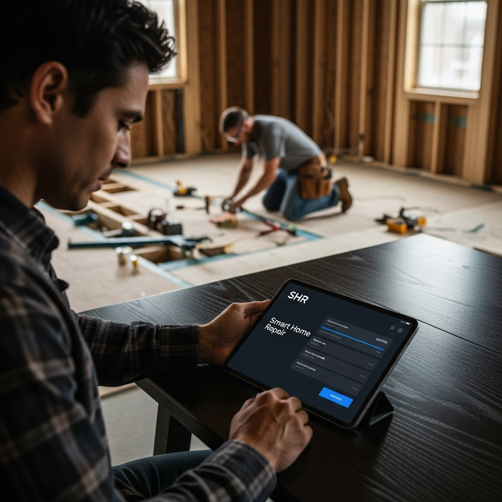 Tech-savvy homeowner in Athens, GA using a tablet to manage their renovation project with Smart Home Repair.