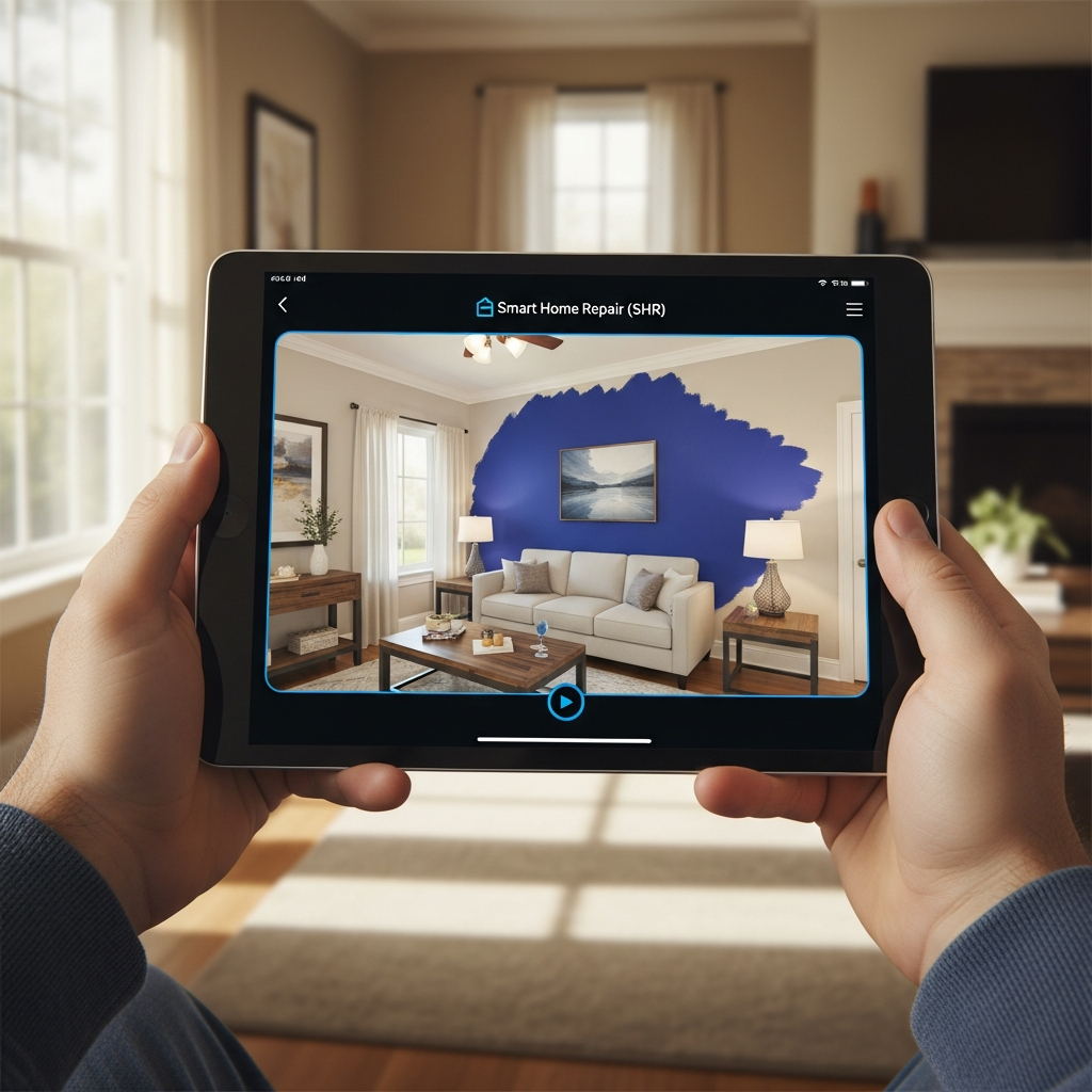 Homeowner using AR app to visualize paint color for home improvement project in Athens, GA.
