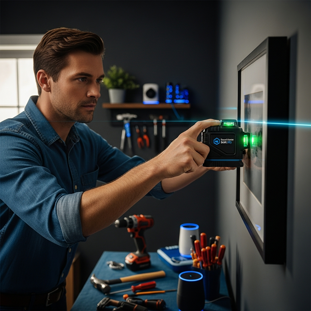 Homeowner using laser level during home improvement project in Athens, GA. Smart Home Repair.