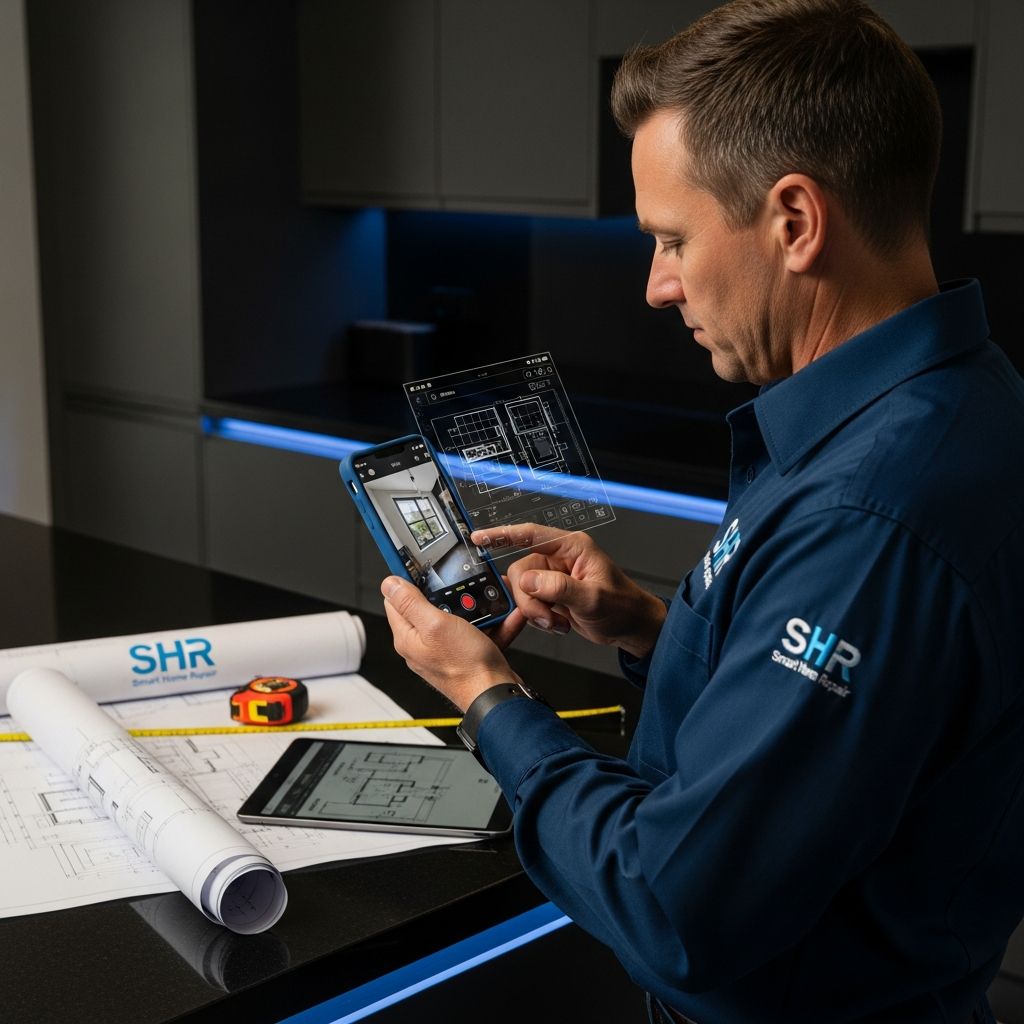 Smart Home Repair contractor using a smartphone app to measure a kitchen during a home renovation project in Athens, GA.