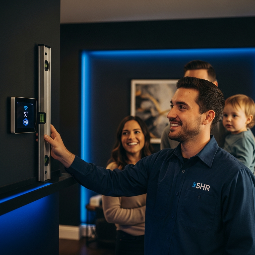 Smart Home Repair technician installing smart thermostat in Athens, GA home
