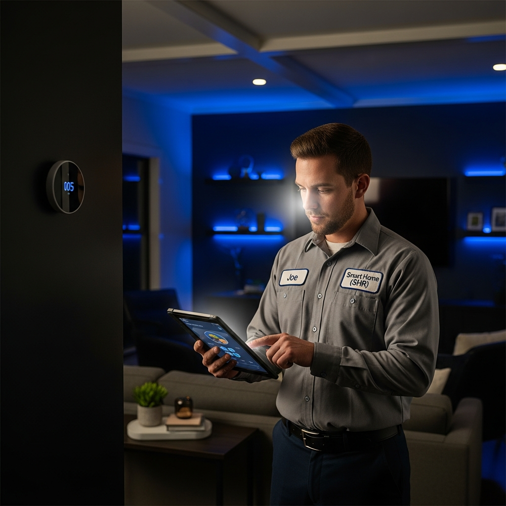 Smart Home Repair technician installing smart home devices in Athens, GA home.