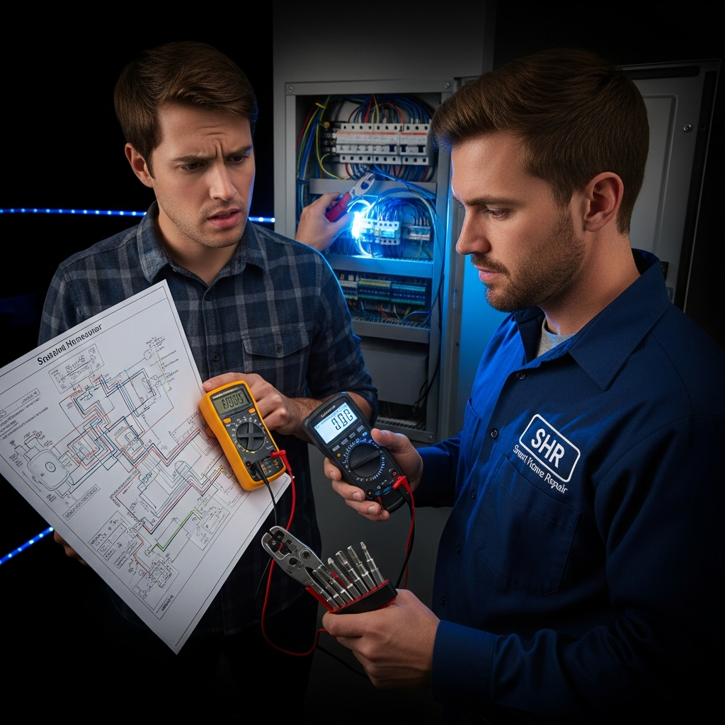 Frustrated homeowner with multimeter and smart home wiring diagram; Joe from SHR at a panel