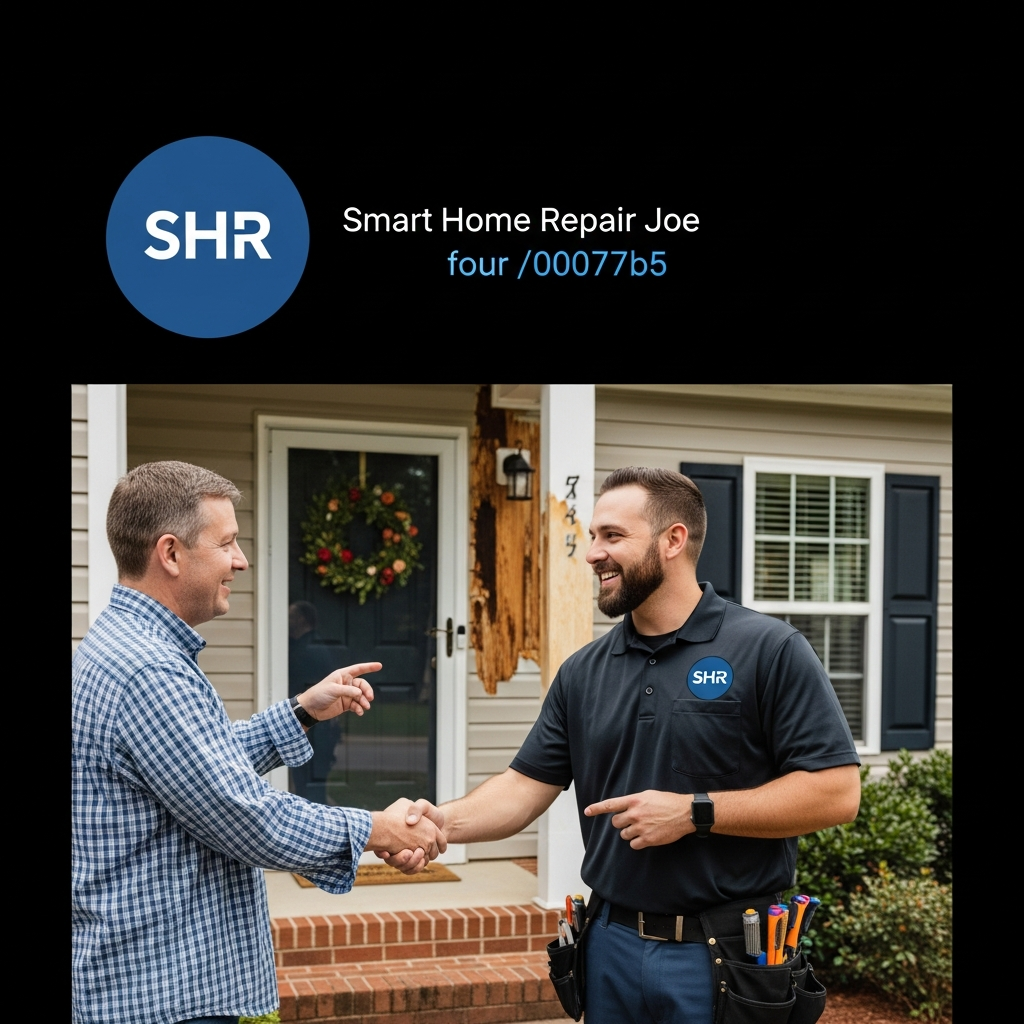 Smart Home Repair handyman (Joe) explaining rotten wood repair to a homeowner in Athens, GA.