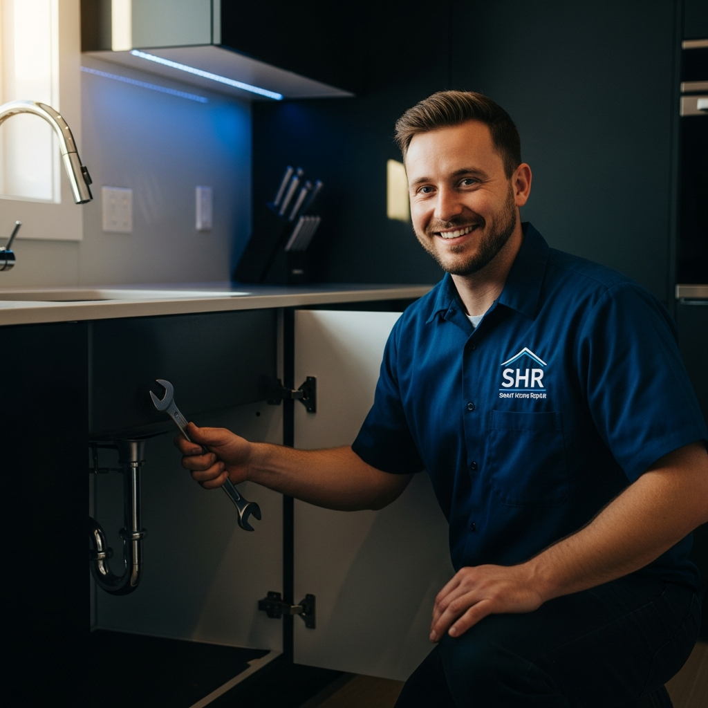 Friendly Smart Home Repair handyman fixing a kitchen sink in Athens, GA.