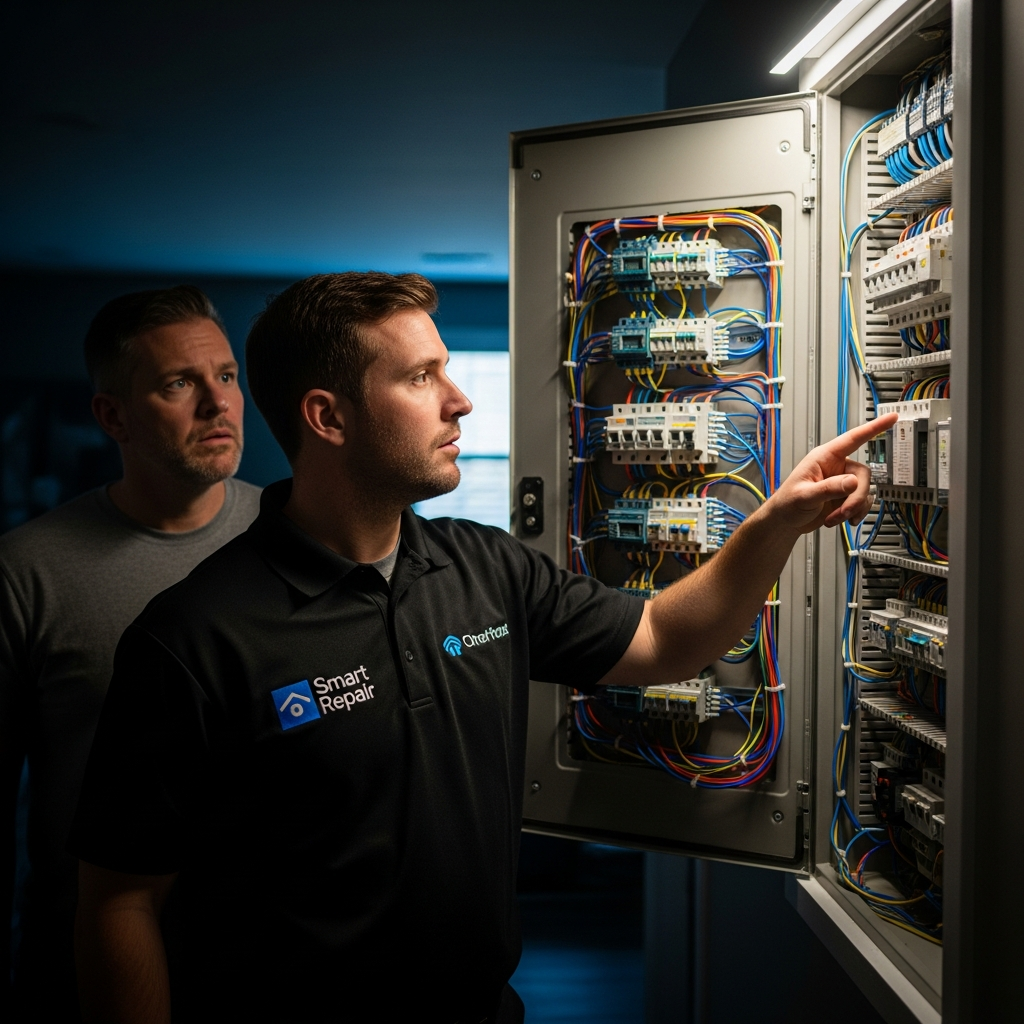 Smart Home Repair electrician explaining the dangers of DIY smart electrical panel installation to a homeowner in Athens, GA.