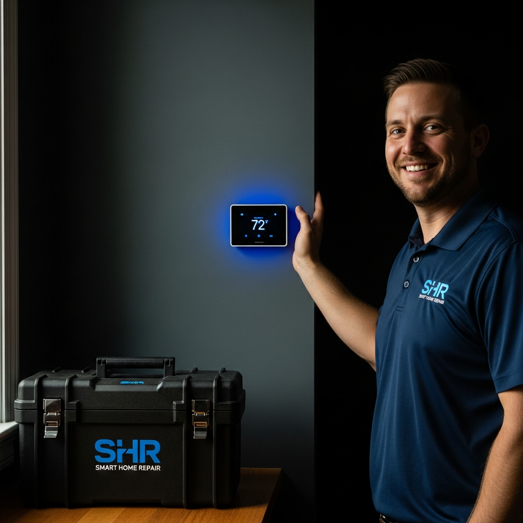 Homeowner smiling next to new smart thermostat, installed by Smart Home Repair in Athens, GA.