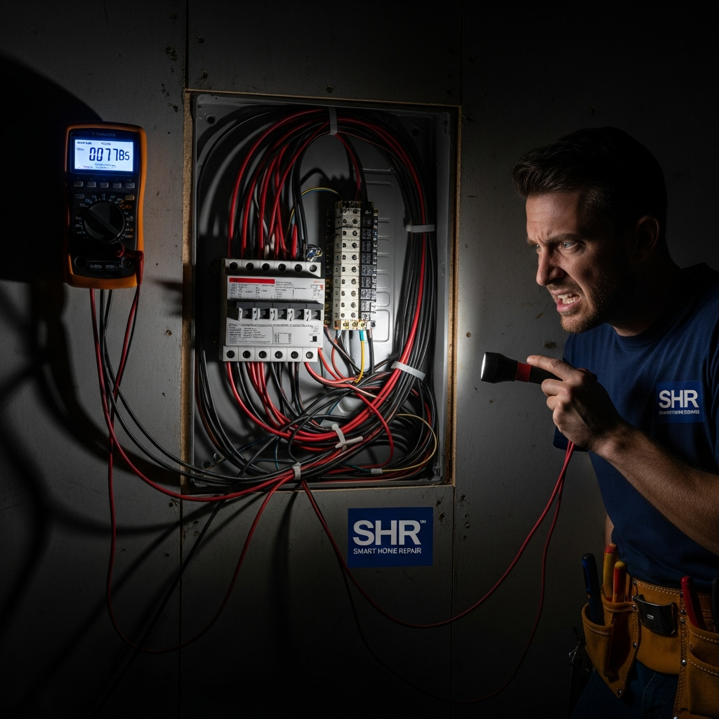 Frustrated homeowner attempting a dangerous DIY electrical panel installation in Athens, GA. Call Smart Home Repair instead!