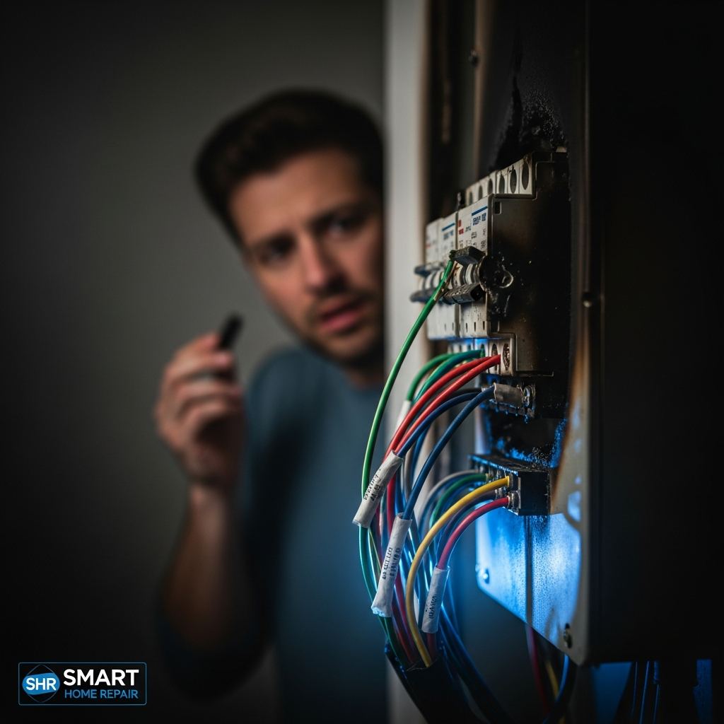 Damaged electrical panel in Athens, GA, highlighting the dangers of DIY electrical work. Call Smart Home Repair.