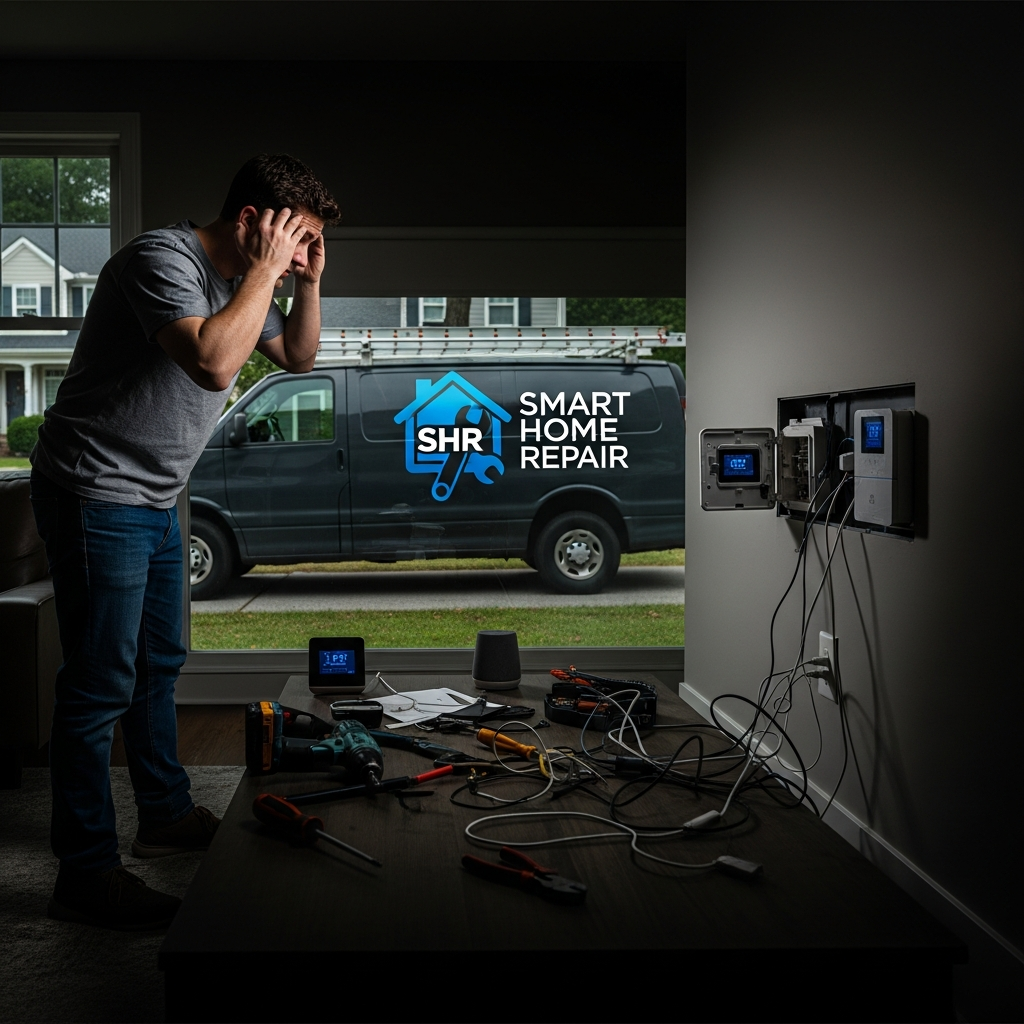 Stressed homeowner in Athens, GA, during a DIY project, with Smart Home Repair van arriving.
