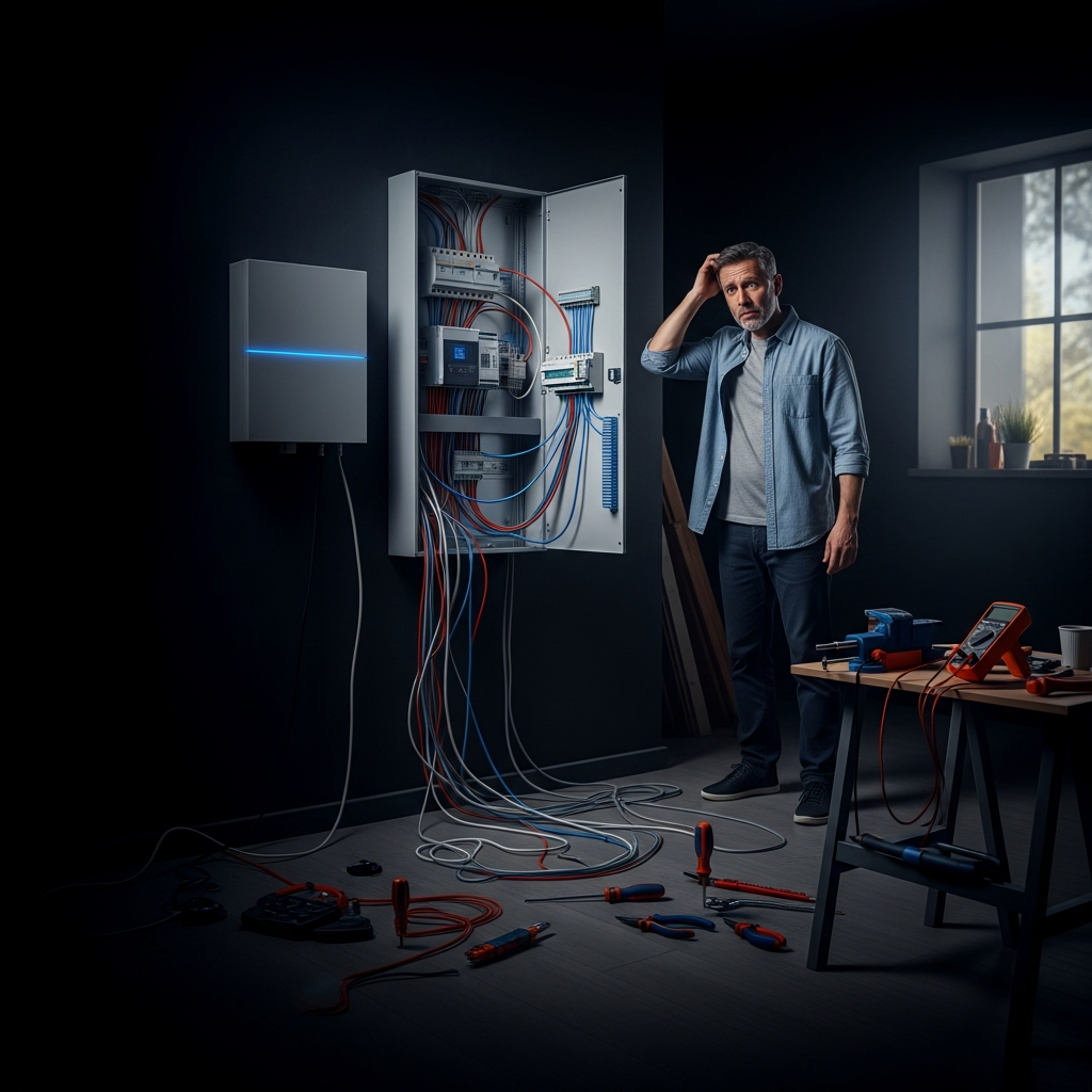 Frustrated homeowner attempting DIY smart electrical panel installation in Athens, GA. Smart Home Repair logo visible.