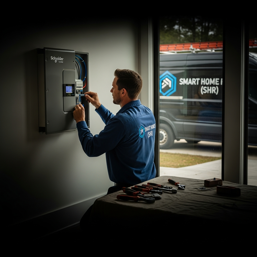 Smart Home Repair electrician installing a smart electrical panel in Athens, GA