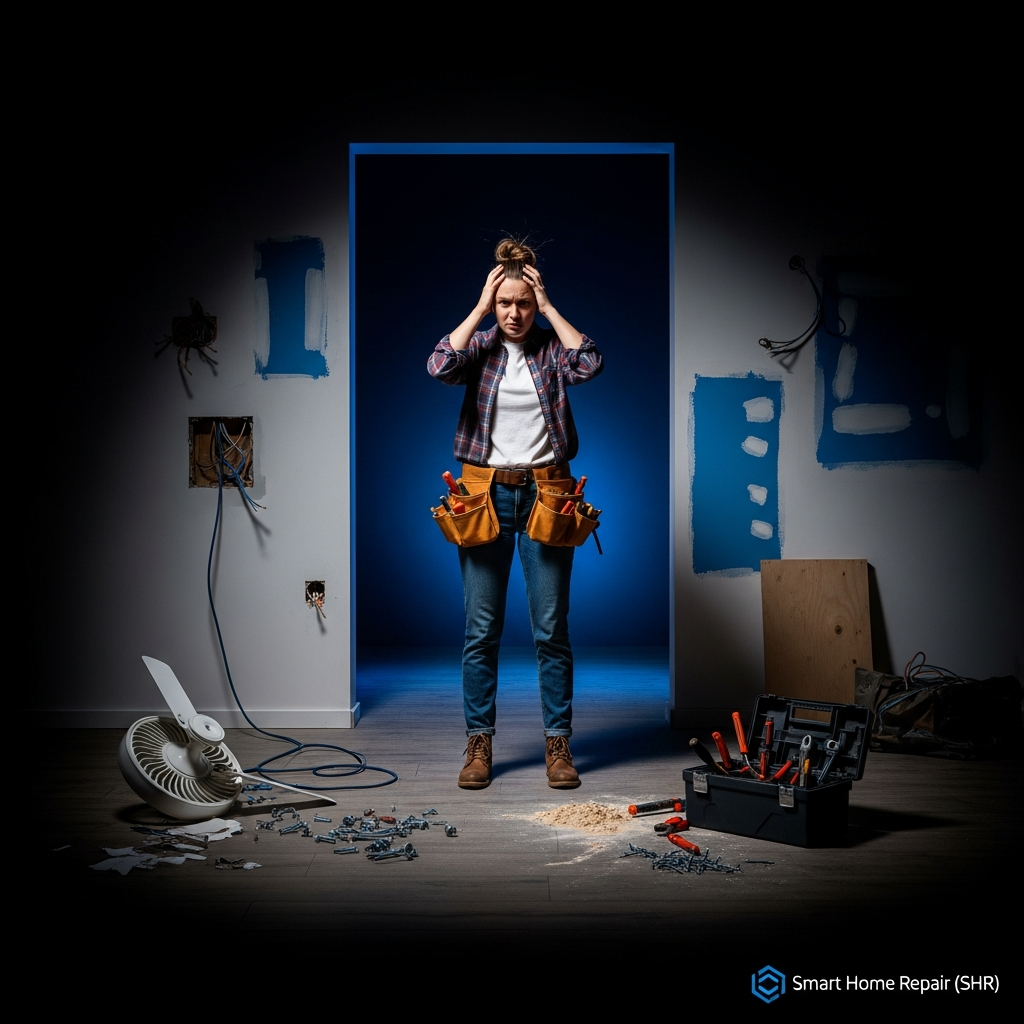 Stressed homeowner overwhelmed by DIY home repair project in Athens, GA. Smart Home Repair can help!