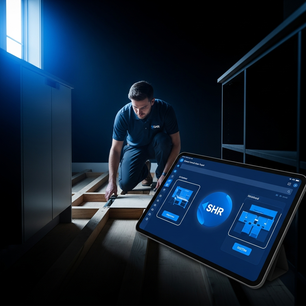 Smart Home Repair technician inspects subfloor during kitchen renovation in Athens, GA. Tablet displays AI design software.