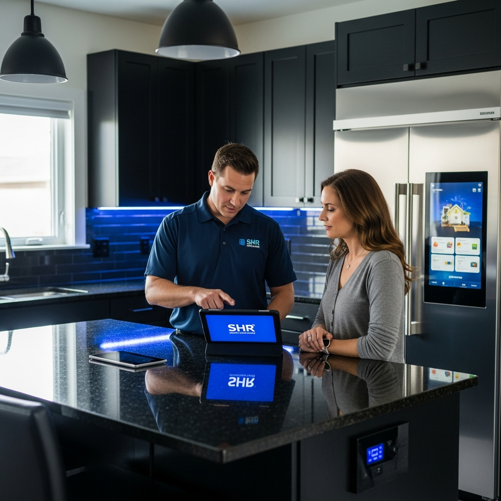 Smart Home Repair technician consulting with homeowner about smart home options in Athens, GA.