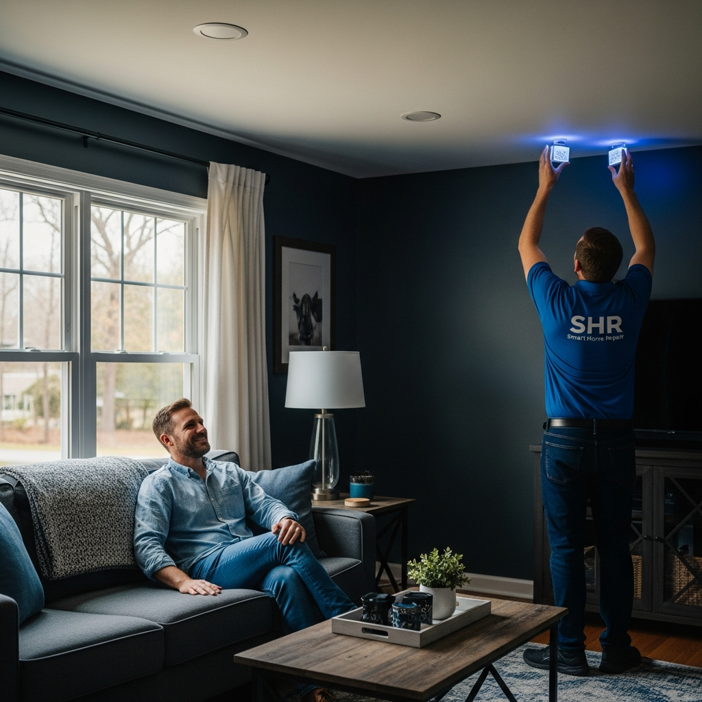Smart Home Repair technician installing smart lighting in an Athens, GA home.