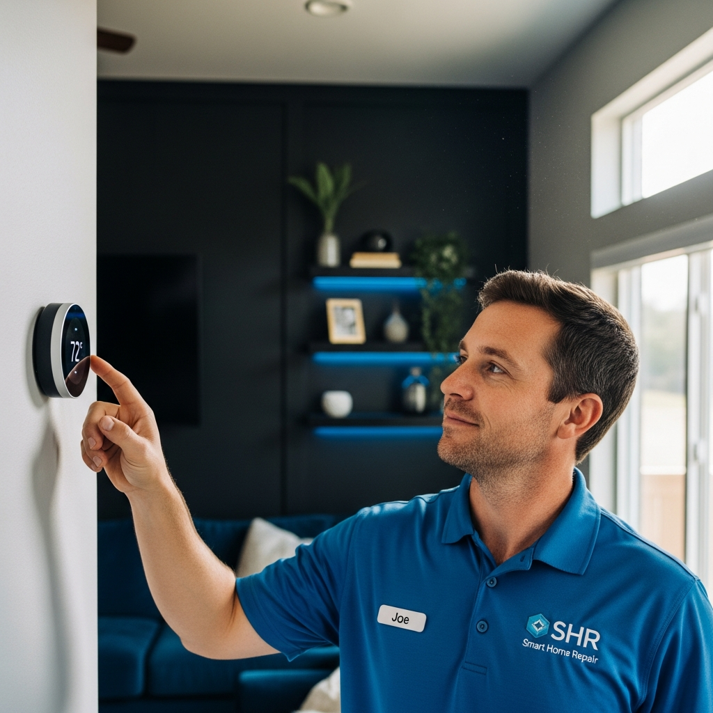 Joe, owner of Smart Home Repair, inspecting a smart thermostat installation in an Athens, GA home.