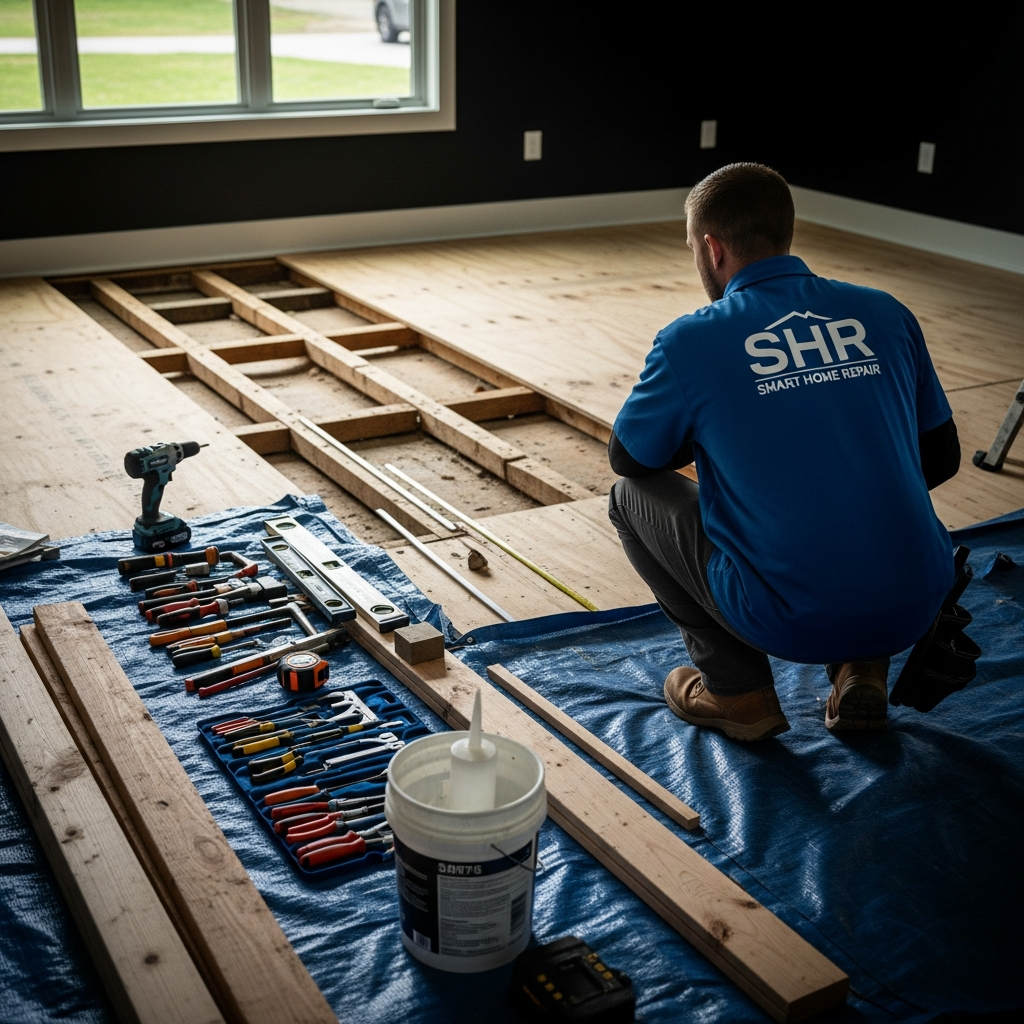 Smart Home Repair professional inspecting subfloor damage in an Athens, GA home.