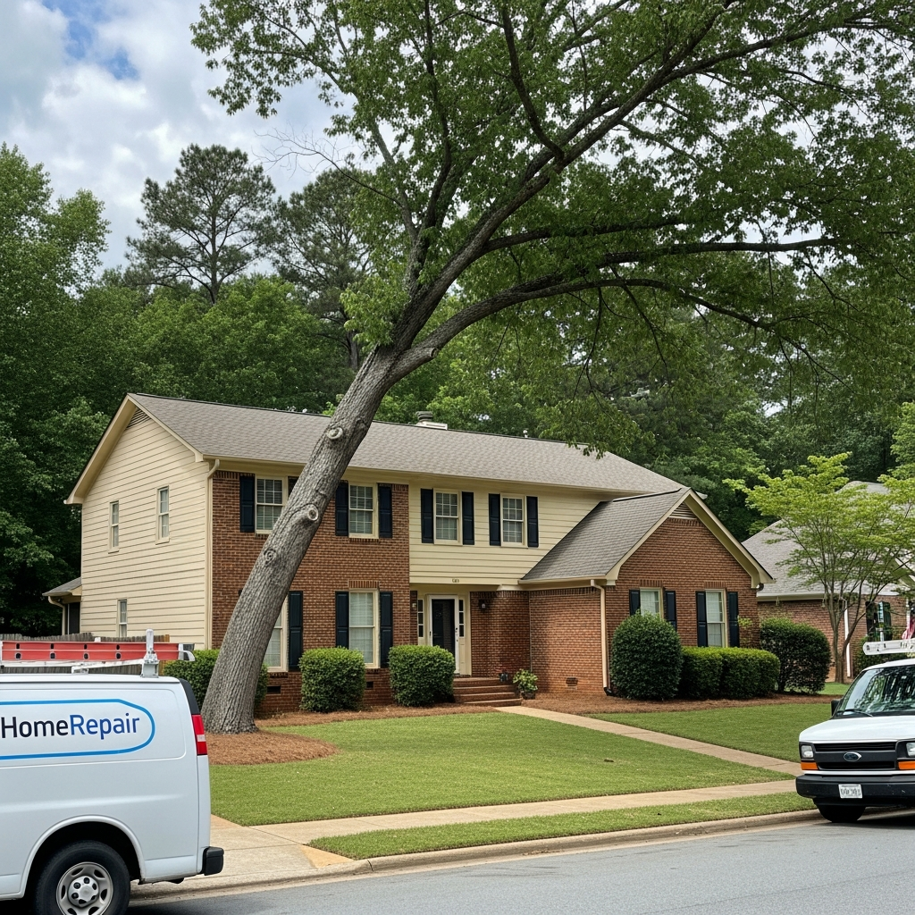 Tree leaning dangerously towards an Athens, GA home, highlighting the need for tree removal by sHomeRepair.