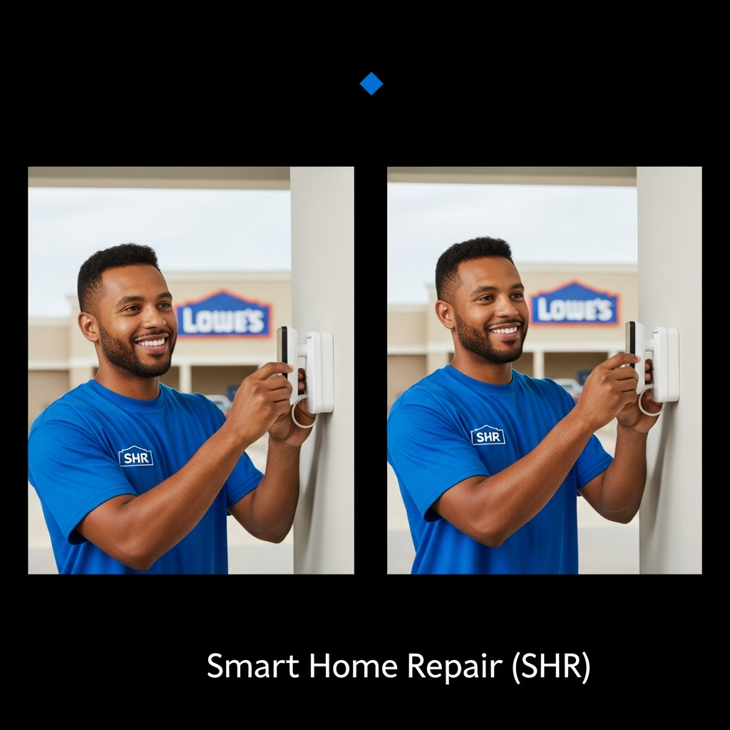 Smart Home Repair technician installing smart home device in Athens, GA, Lowe's in background.