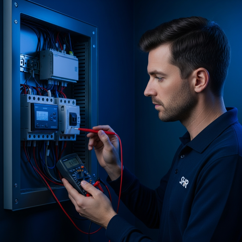 Smart Home Repair technician inspecting smart electrical panel installation in Athens, GA.