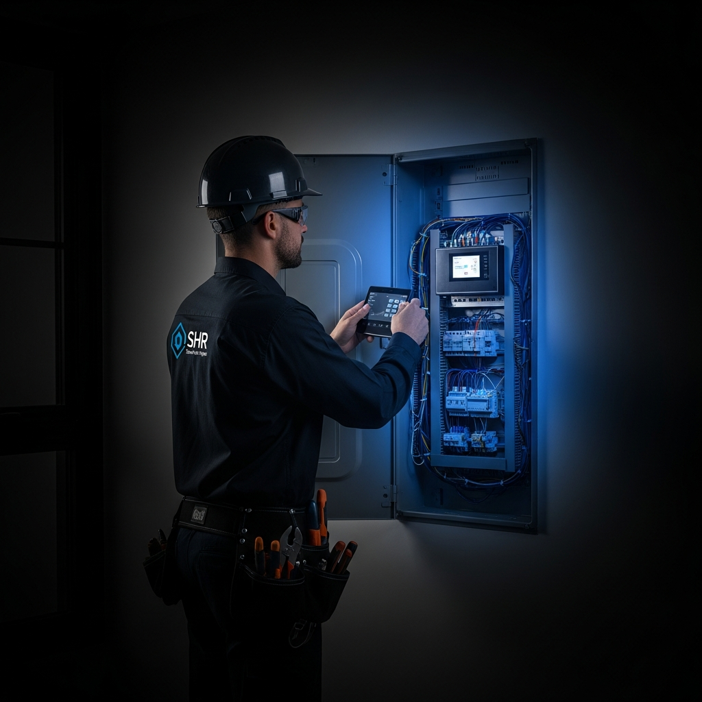 Smart Home Repair electrician inspecting a smart electrical panel in Athens, GA