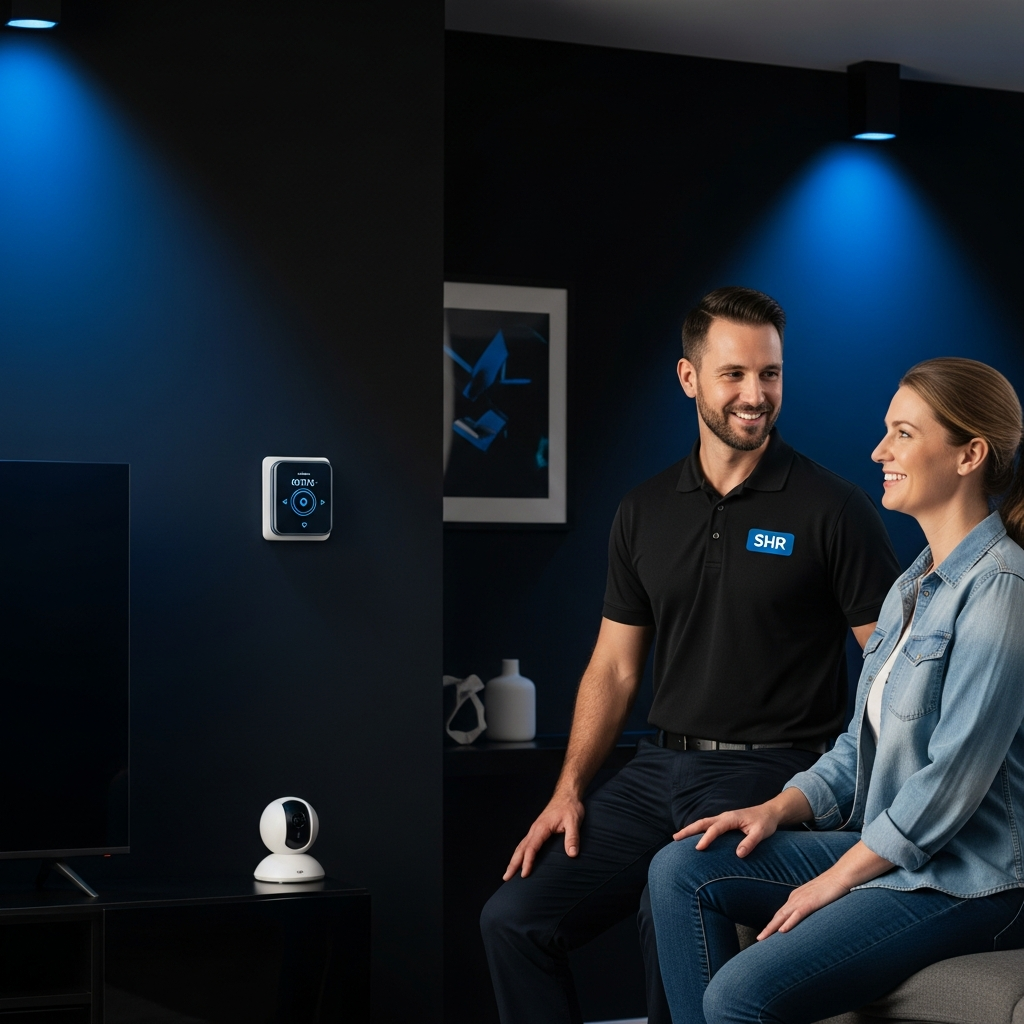 Smart Home Repair (SHR) technician installing smart home devices in an Athens, GA home.