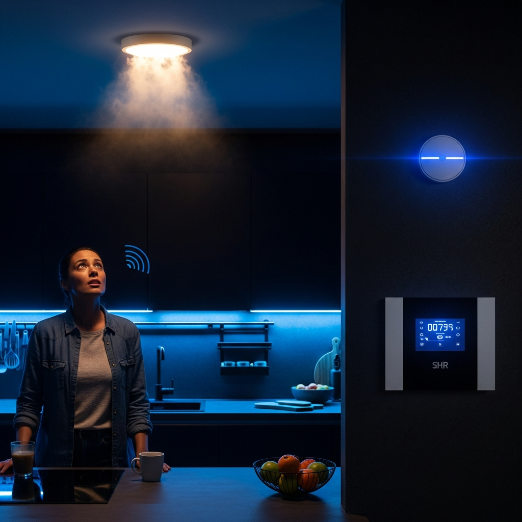 Worried homeowner looking at a flickering smart light, indicating a potential fire hazard in an Athens, GA smart home.