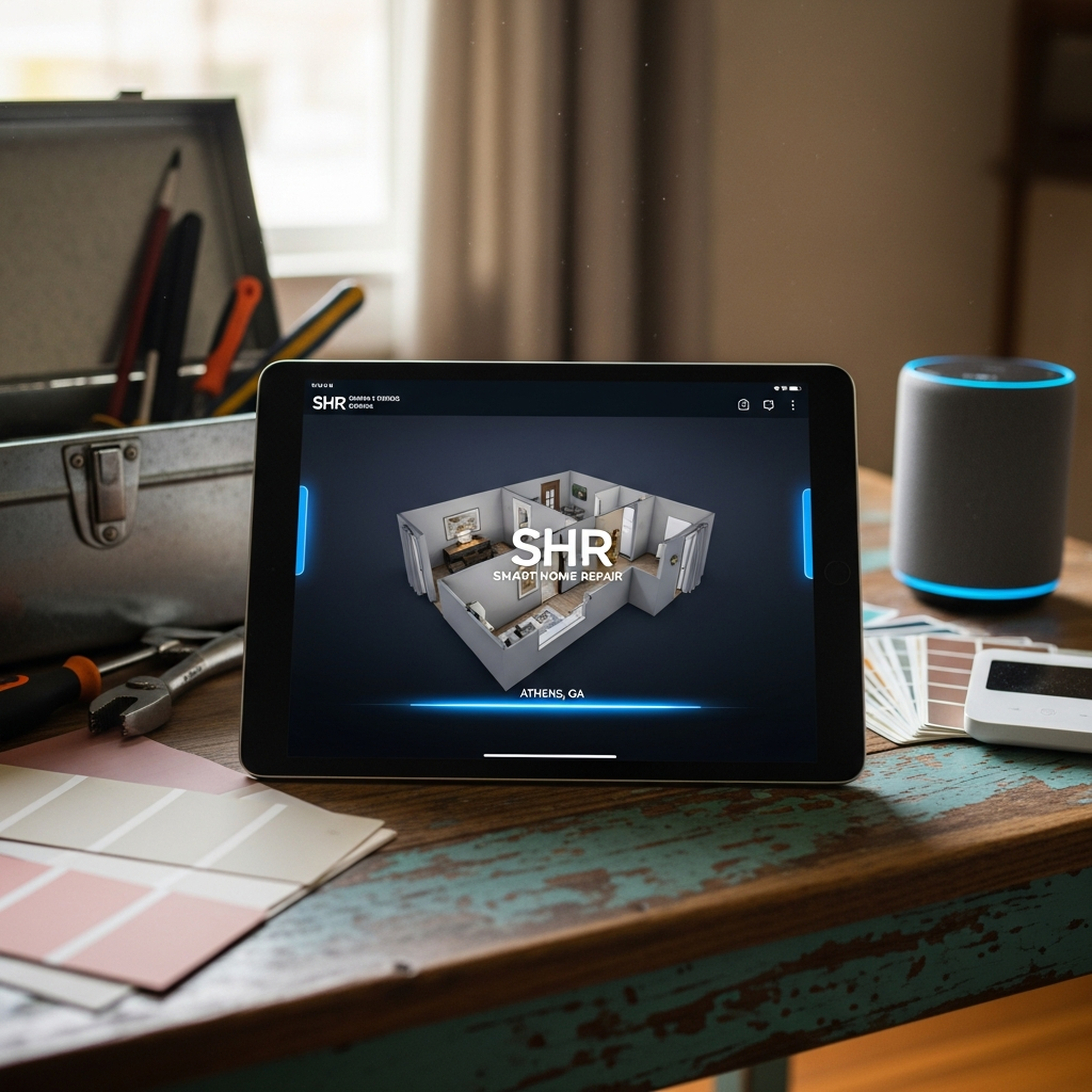 Smart Home Repair: Tablet displaying home design app in an Athens, GA home.