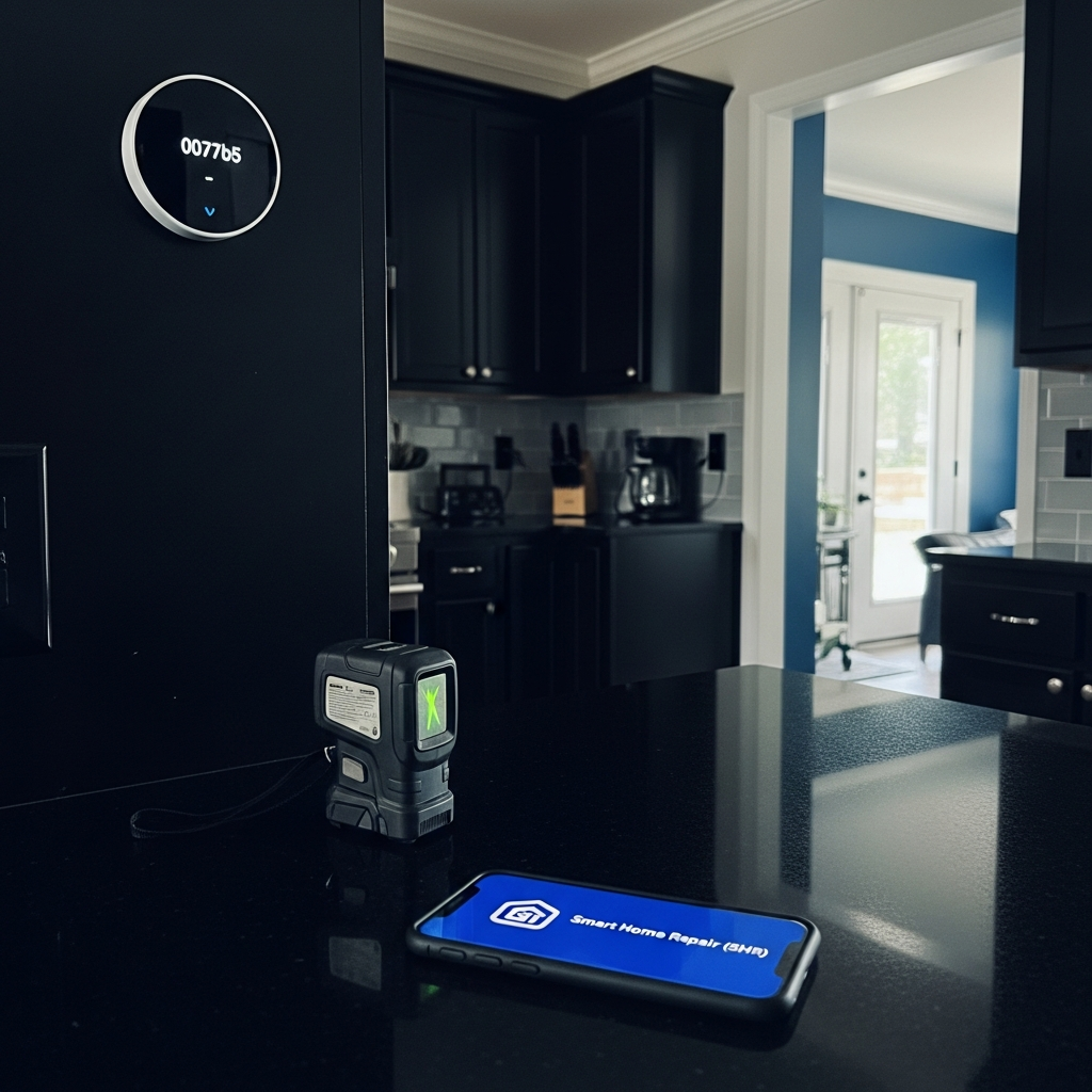 Smart Home Repair: Smart thermostat and laser distance measurer in an Athens, GA kitchen.