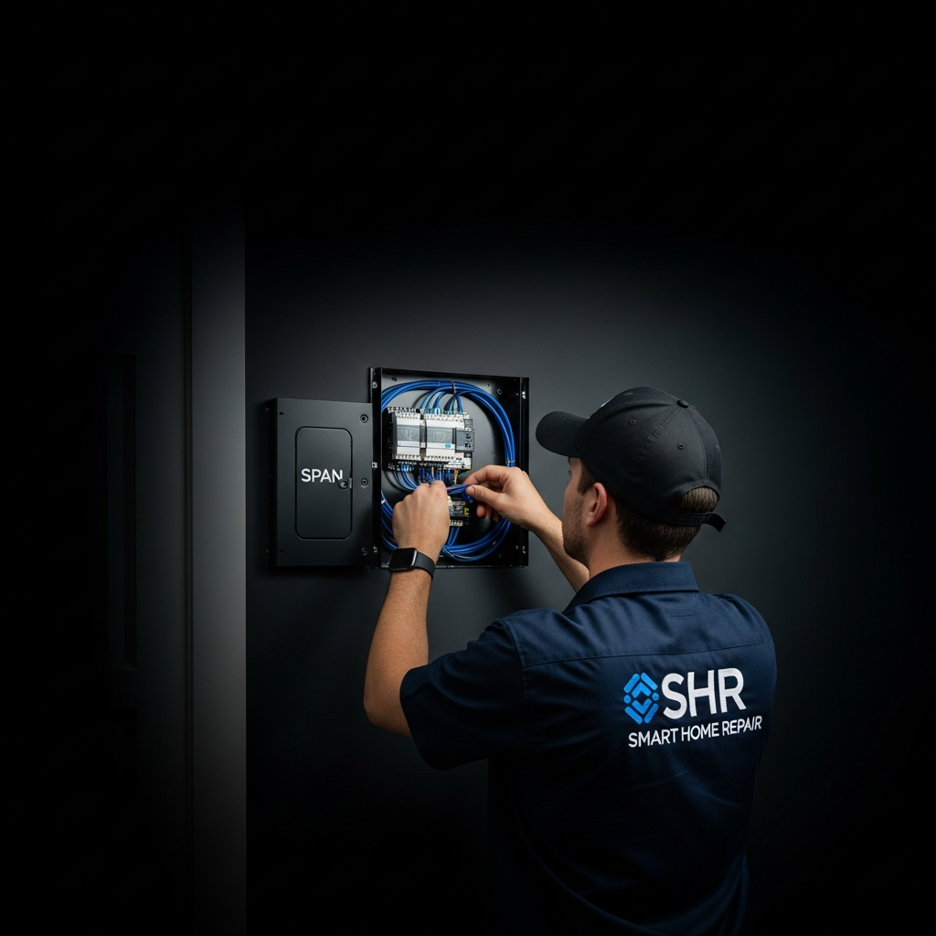 Smart Home Repair technician installing a SPAN smart electrical panel in an Athens, GA home.