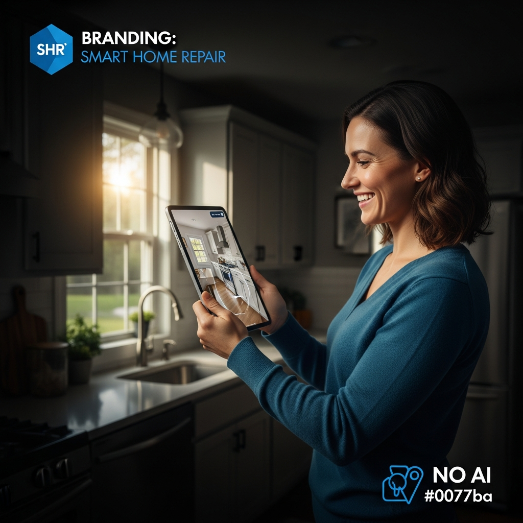 Homeowner in Athens, GA, using AR on a tablet to plan a kitchen remodel with Smart Home Repair.