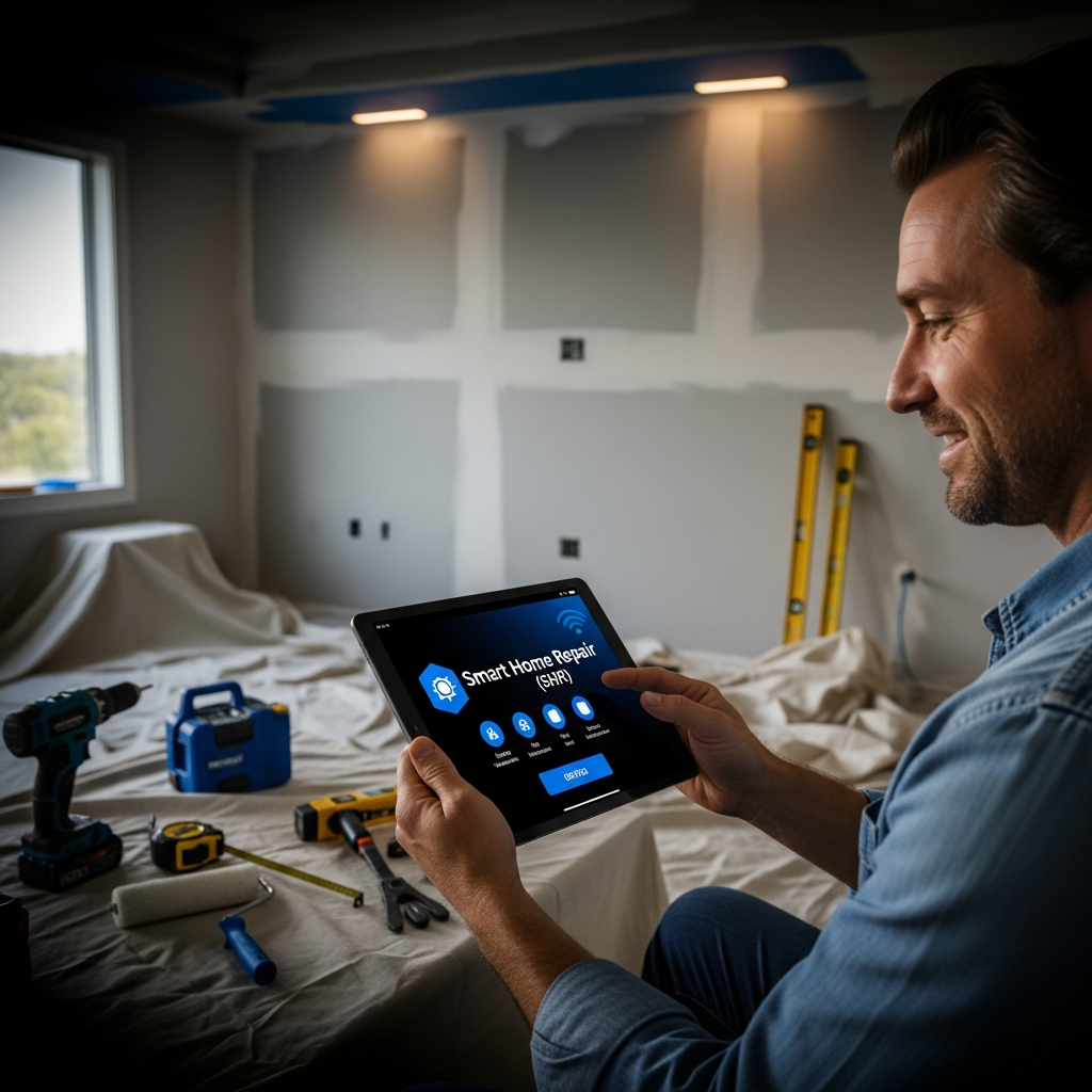 Homeowner using a tablet to control smart lights during a Smart Home Repair renovation project in Athens, GA.