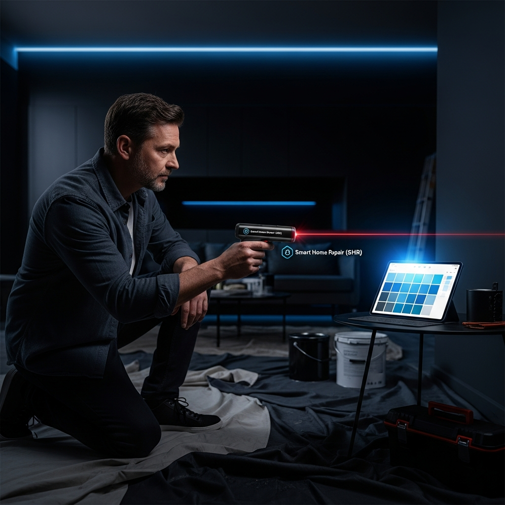 Homeowner using laser distance measurer for home improvement project in Athens, GA