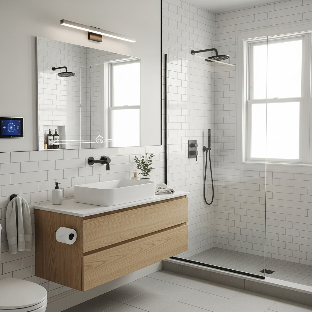 Modern bathroom in Athens, GA with newly installed subway tile by sHomeRepair, featuring smart home controls.