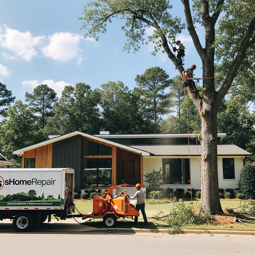 sHomeRepair crew removing a tree at a modern Athens, GA home.