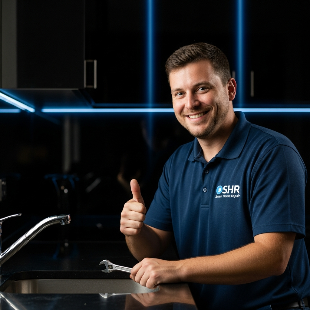 Friendly handyman from Smart Home Repair fixing a faucet in Athens, GA