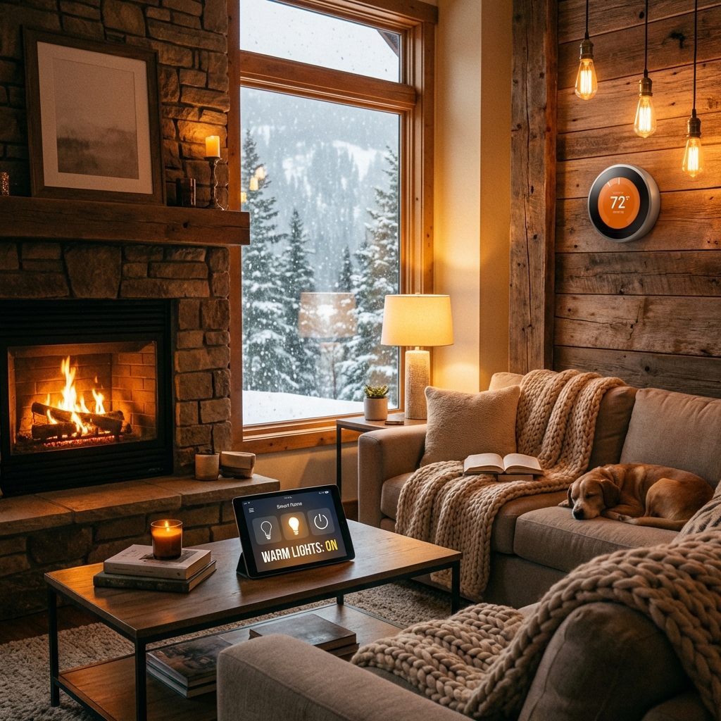 Cozy living room with smart thermostat and winter view