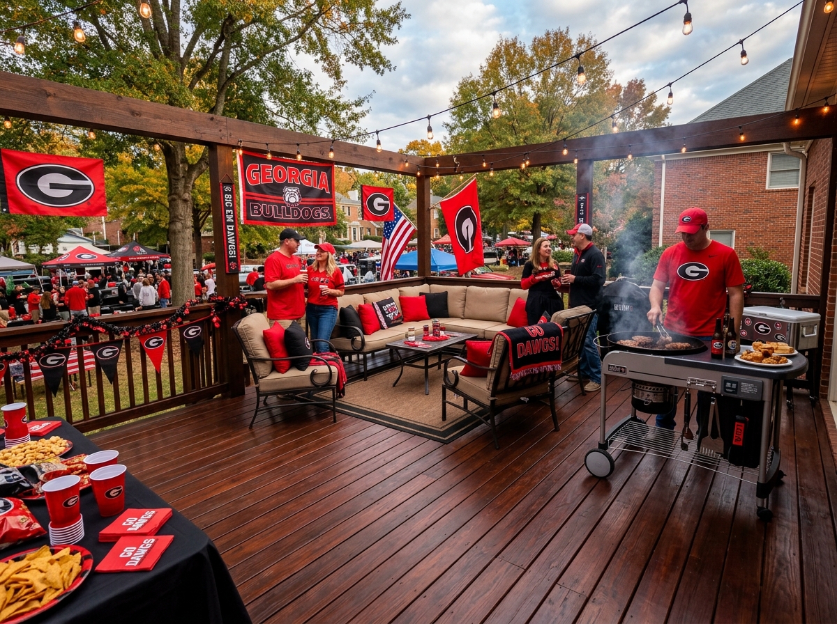 Brand new restored dark mahogany deck decorated for a UGA Bulldogs tailgate party in Athens GA