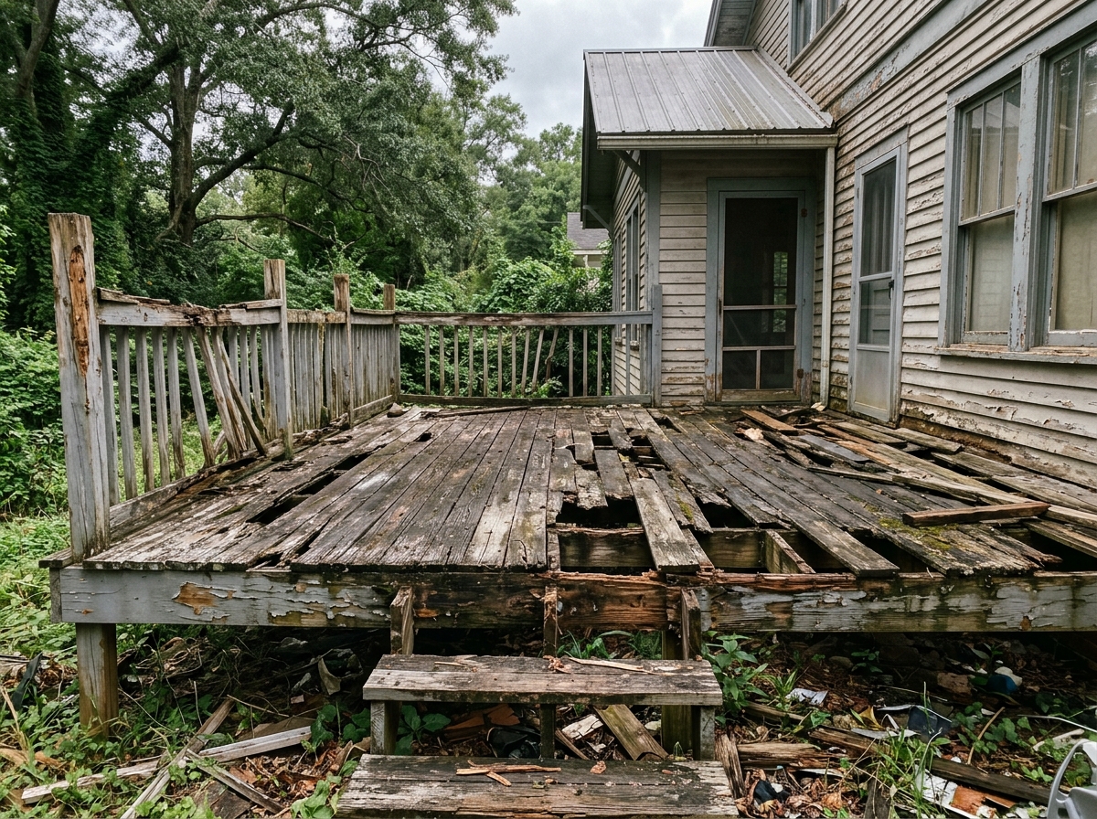 Broken down severely weathered gray deck with rotted boards in Athens GA