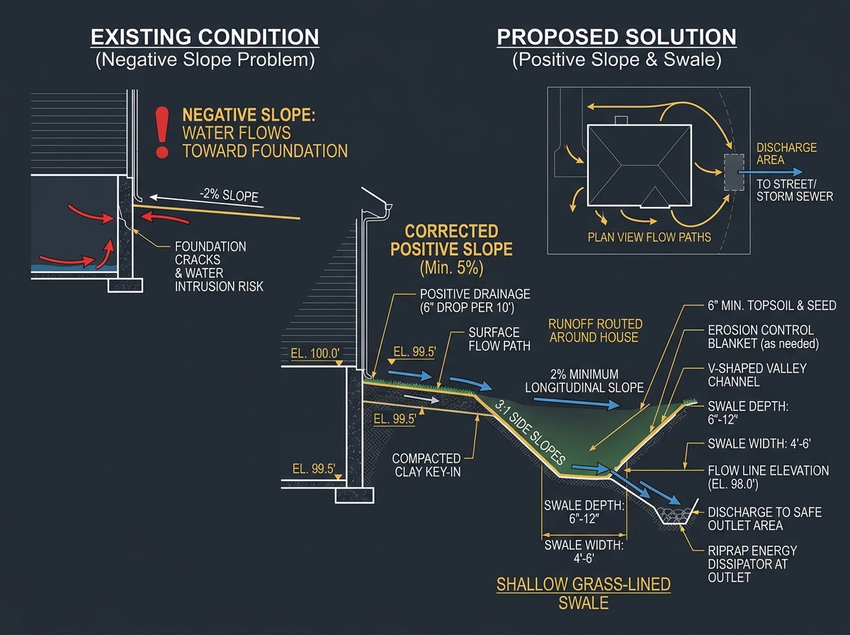 Surface Swales and Slope Grading Diagram - Smart Home Repair